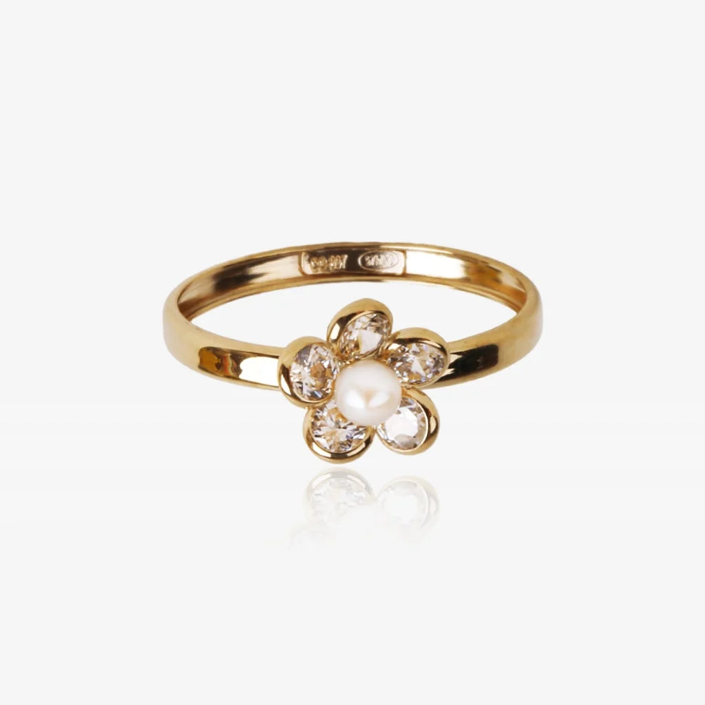 Anillo fabricado en Oro de ley 9K (375mlms) con perla y circonitas