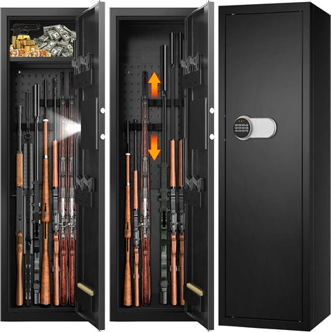 a rifle gun safe loaded with many guns, showing different configuration options