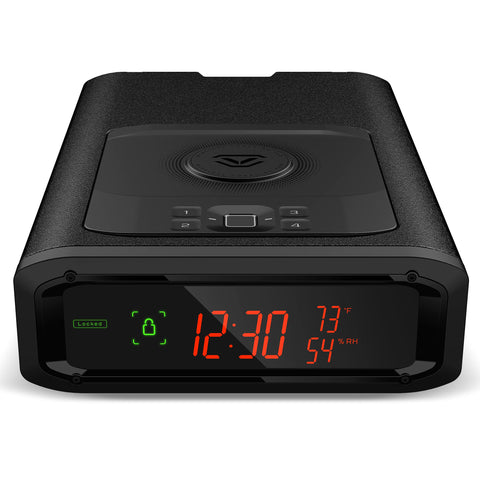 a locked biometric gun safe alarm clock in black with the time 12:30 displayed