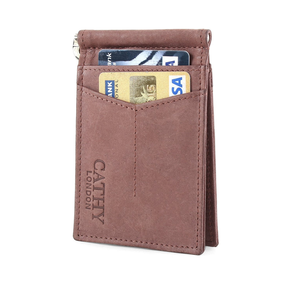 Brown Colour Bi-Fold Italian Leather Money Clip Card Holder/Slim