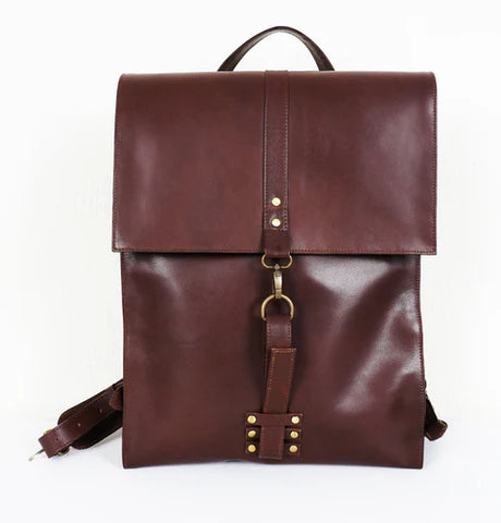 brown leather backpack fold over