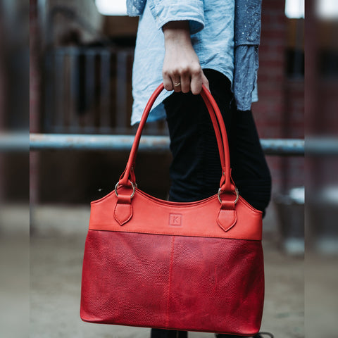 Red leather tote bag for womens