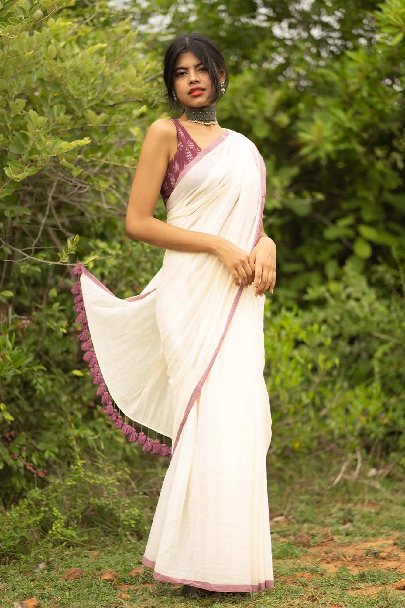 Buy Satrani Purple & Off-White Printed Saree With Unstitched Blouse for  Women Online @ Tata CLiQ