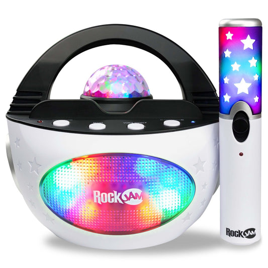 RockJam Machine à karaoké Bluetooth rechargeable RJSC01-BK Singcube de 5  watts avec deux microphones, effets de changement de voix et lumières LED