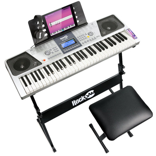 RockJam 61 Key Keyboard Piano With LCD Display Kit, Stand, Bench,  Headphones, Simply App & Keynote Stickers