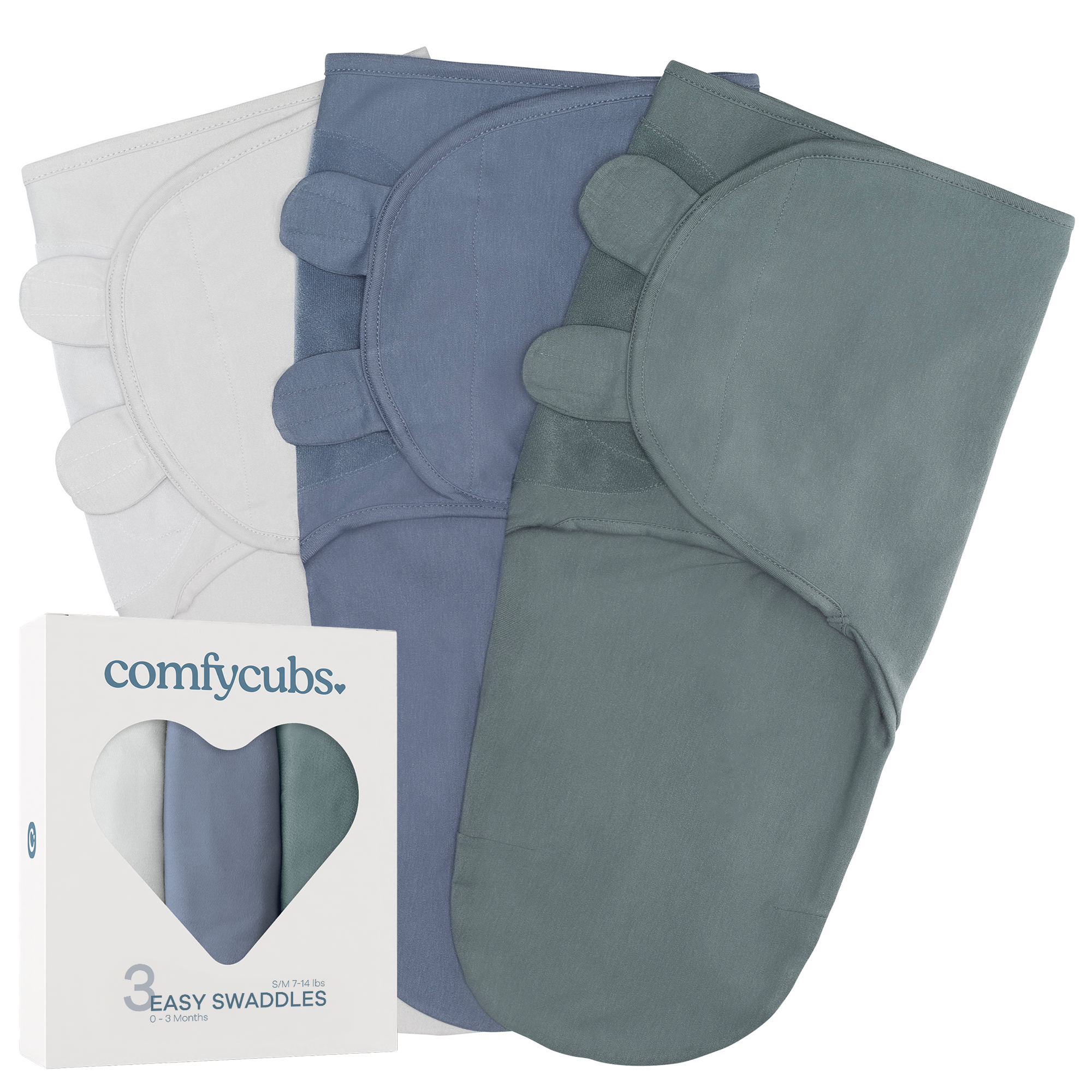 Easy Swaddle Blankets by Comfy Cubs - Stone, Nomadic Blue, Azul, Pack of 3