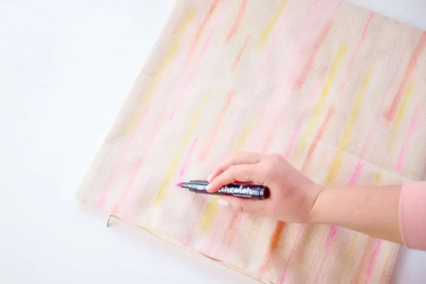 Tulip Pastel Watercolor DIY Tassel Pillows - draw more lines & spray rubbing alcohol