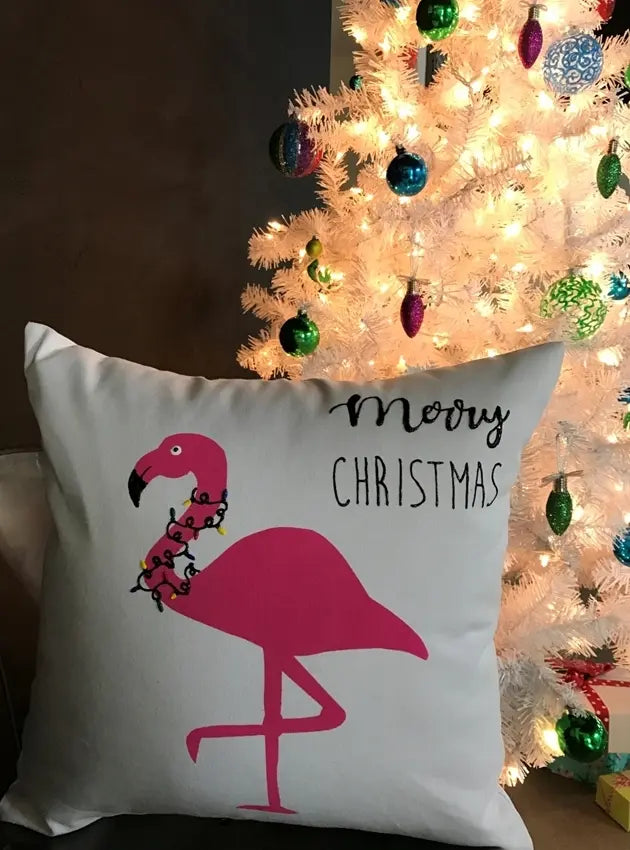 Merry Christmas Flamingo Pillow