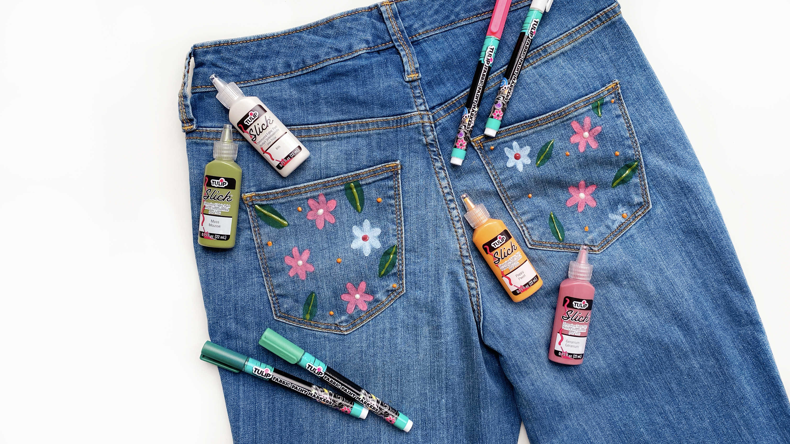 Upcycled jeans with Fabric Markers and Puff Paint