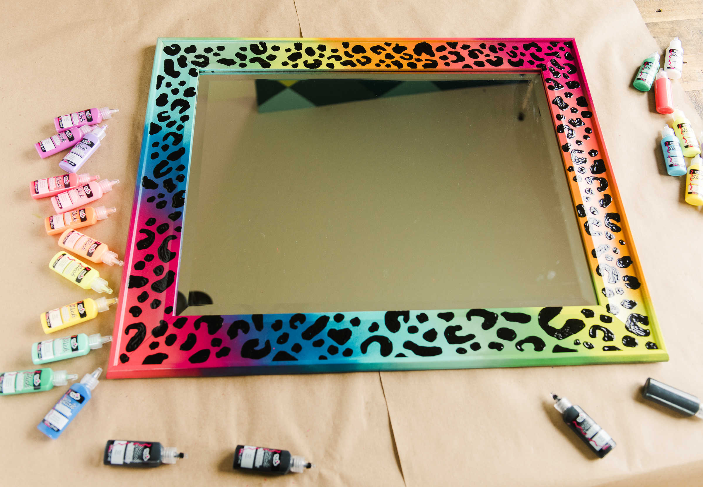 Rainbow leopard print mirror with Puff Paint