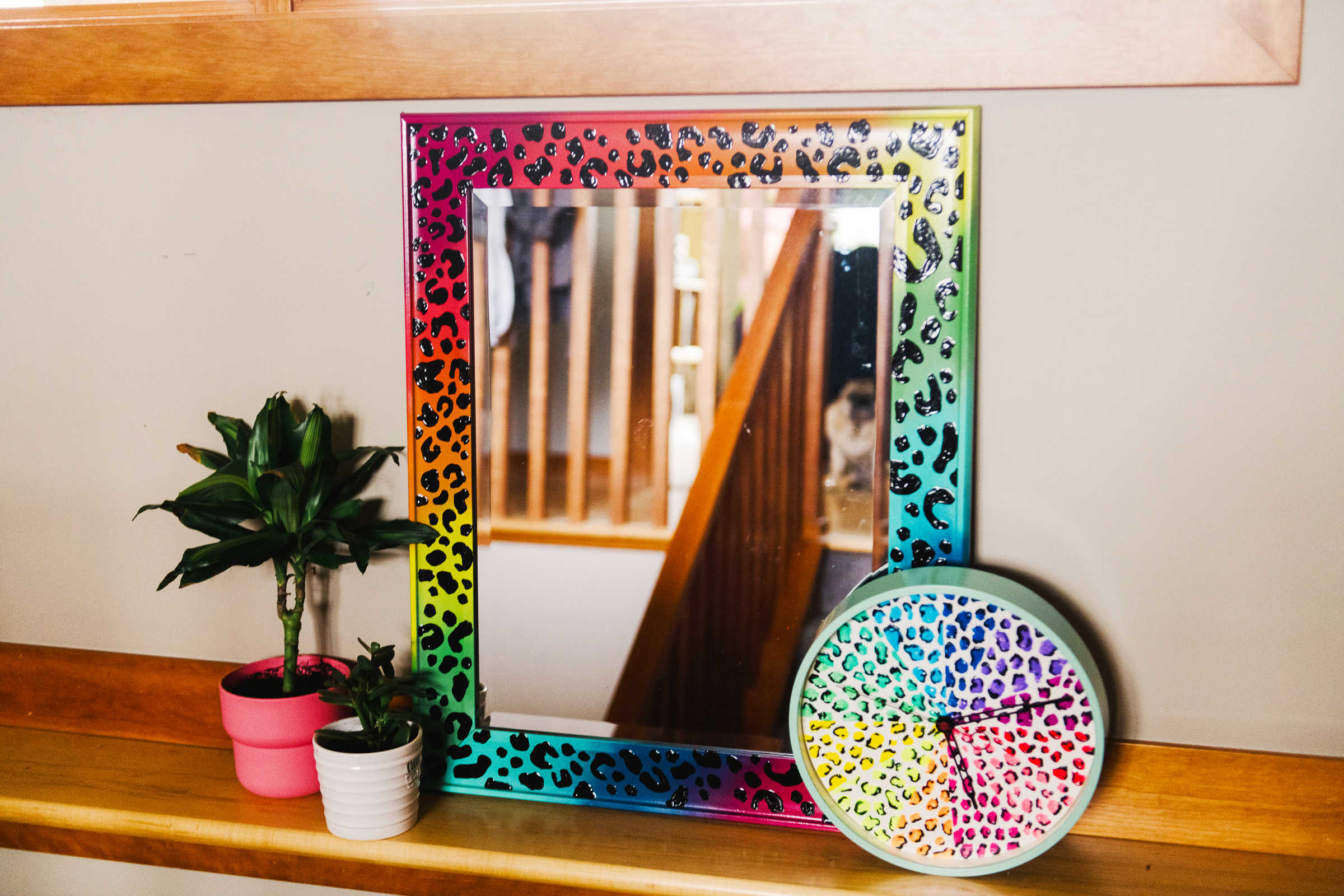 Rainbow leopard print mirror and clock with Puff Paint