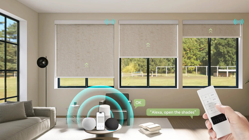 Modern living room with motorized blackout roller shades controlled by voice assistant