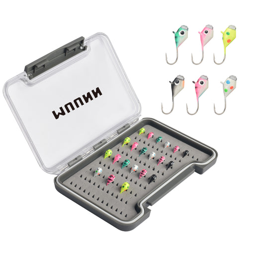 MUUNN 21 Pieces Tungsten Glow Ice Fishing Jigs Assorted Kits With