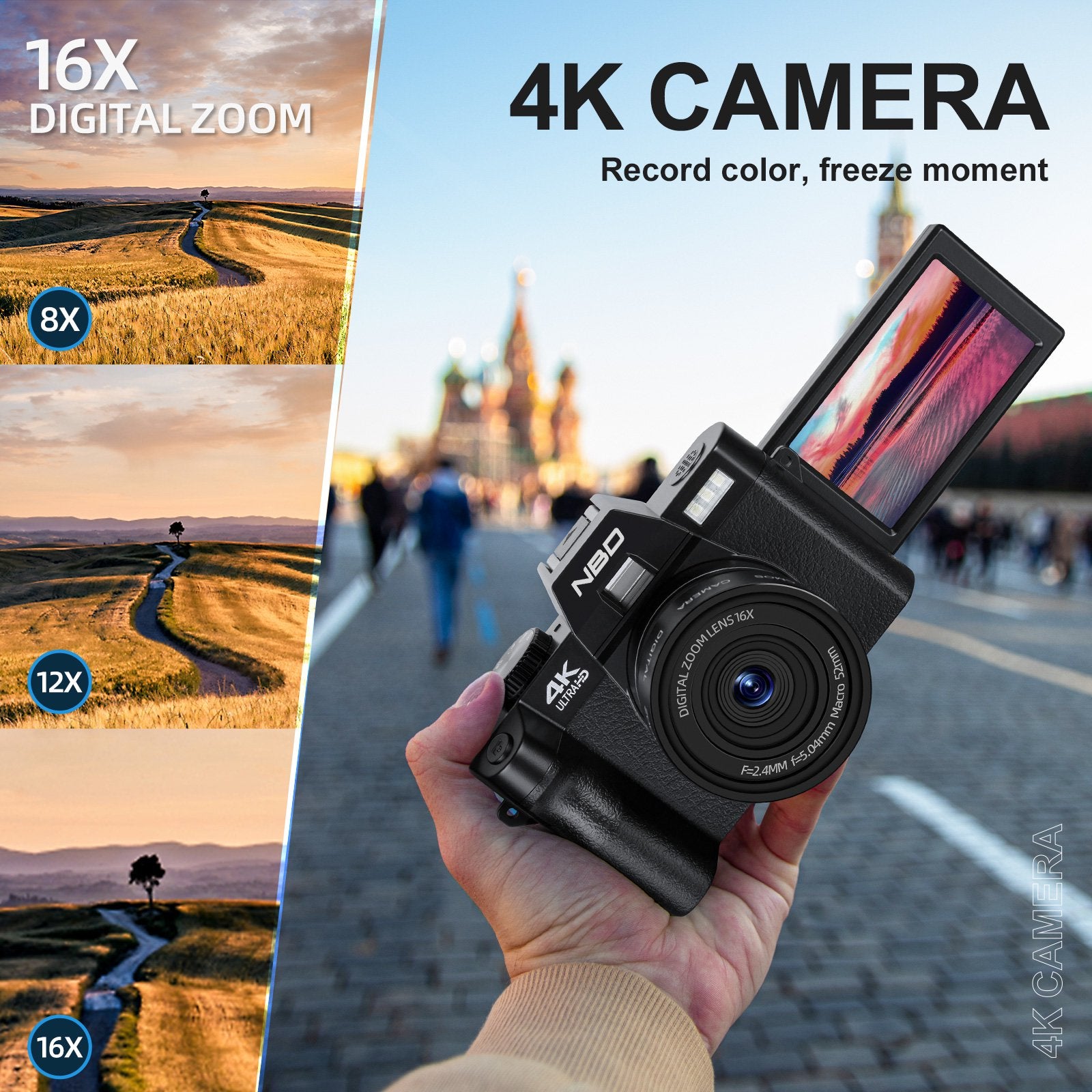 NBD Appareil Photo Numérique 4K,Caméra Vidéo Caméscope Ultra HD 48MP   Vlogging Caméra avec Objectif Grand Angle Zoom Numérique 16X Écran 3.0  Appareil Photo Compact pour Débutants Photographie