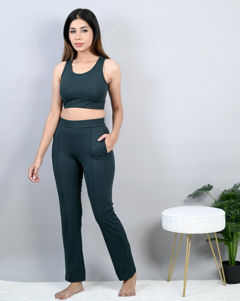 Dark grey yoga pants for women, straight-fit workout & exercise pants.