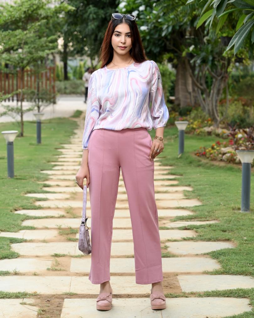 Light pink flare bootcut pants & trousers for women casual and office wear.