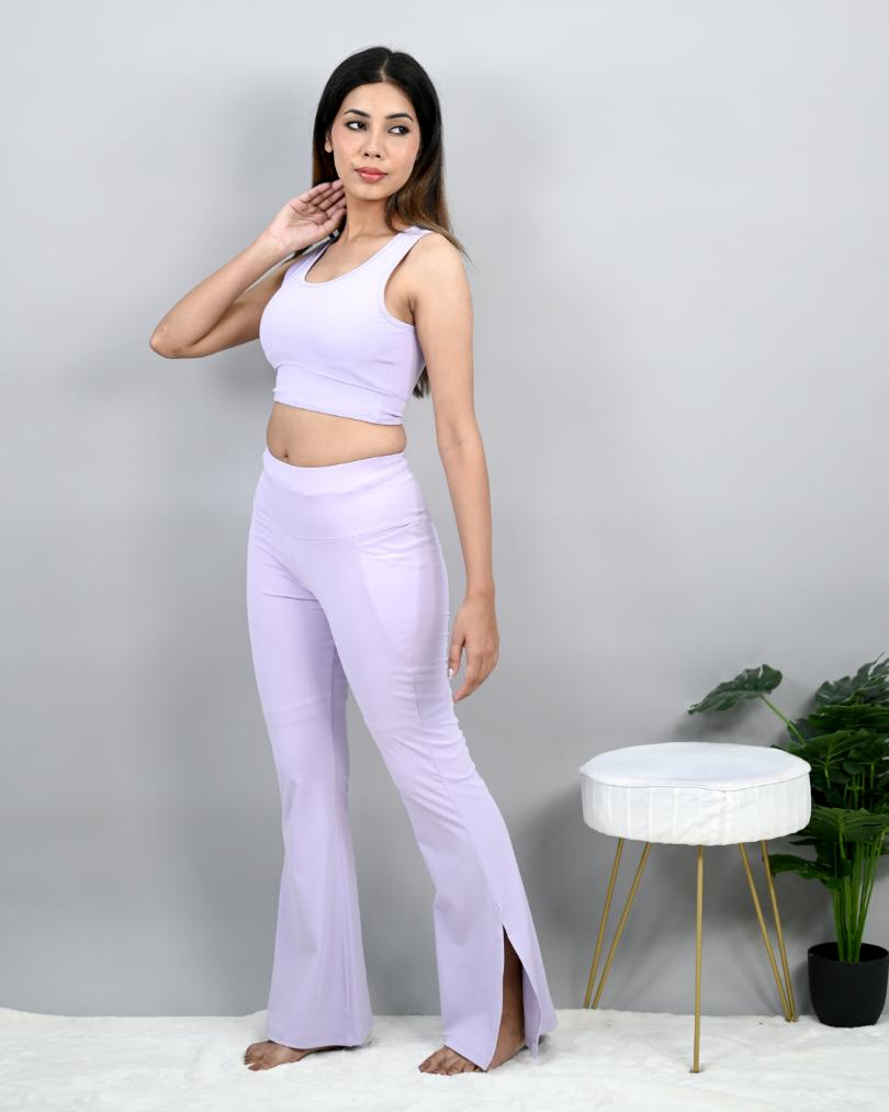 Light pink sports flare pants with slit for women, ankle length