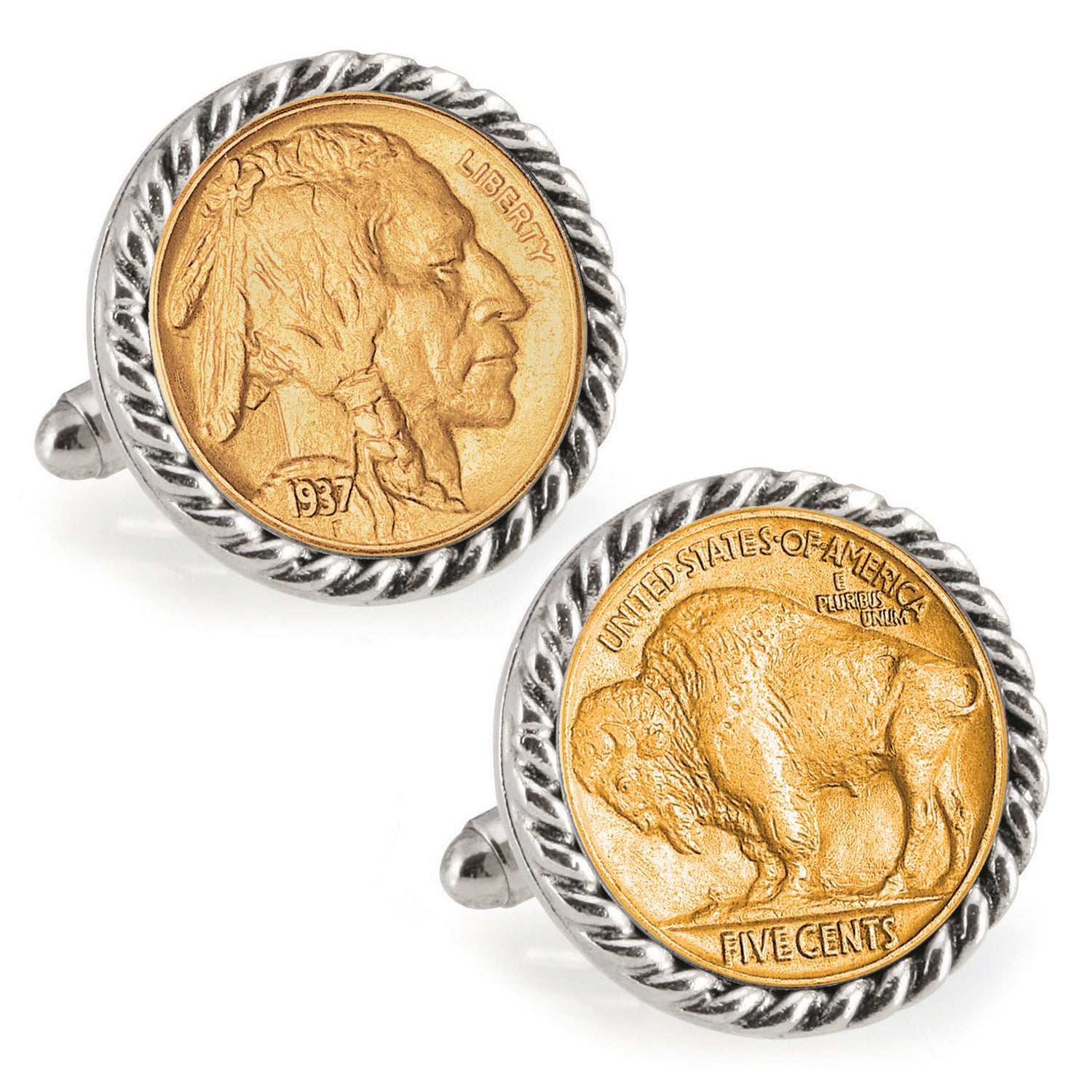 Gold Layered Buffalo Nickel Silvertone Rope Bezel Coin Cufflinks