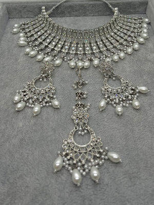 Afsheen Semi Bridal Choker Set - Silver - Statement Jewels