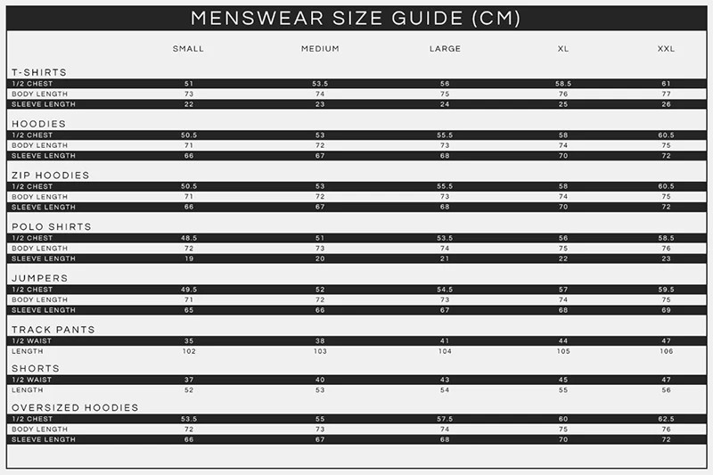 Jameson Carter Menswear Size Guide