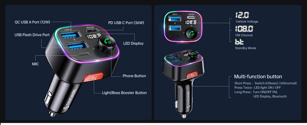 Syncwire's Bluetooth 5.3 FM Transmitter Car Adapter