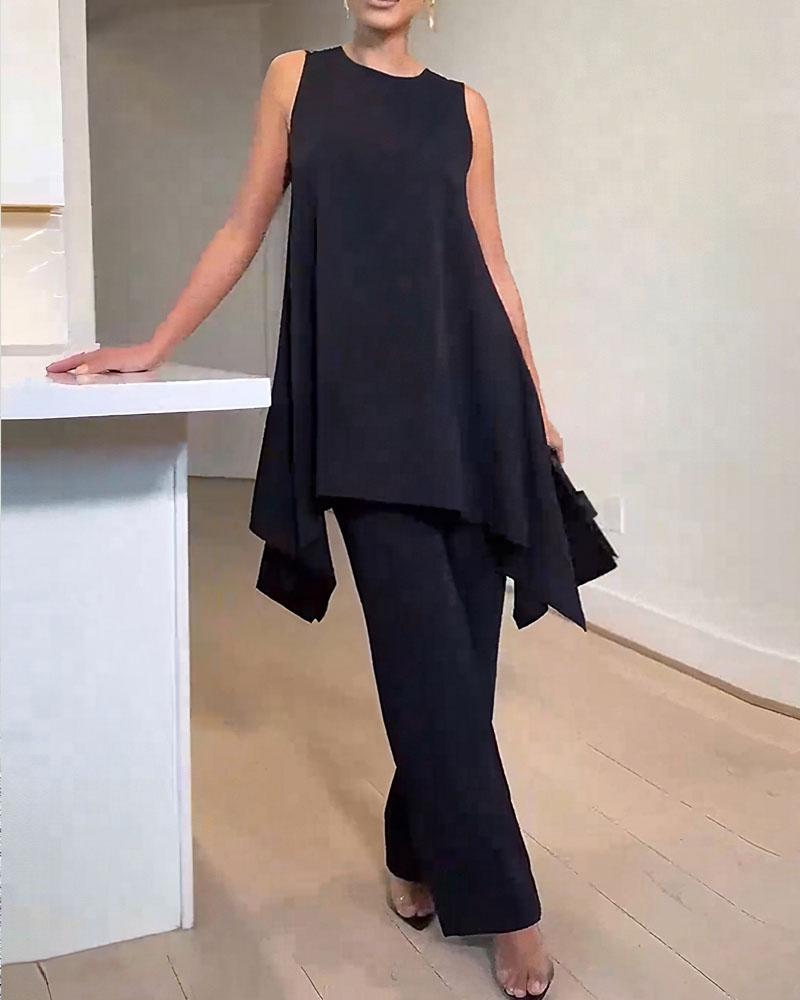 Irregular Hem Top And Straight Pants Set