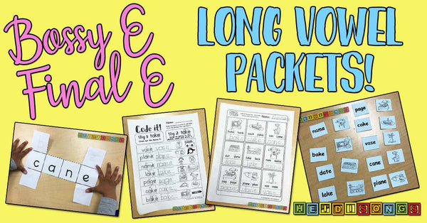 NEW Bossy E/Final E Long Vowel Packets! heidisongs, kindergarten, phonics, first grade, download, worksheets, momma e