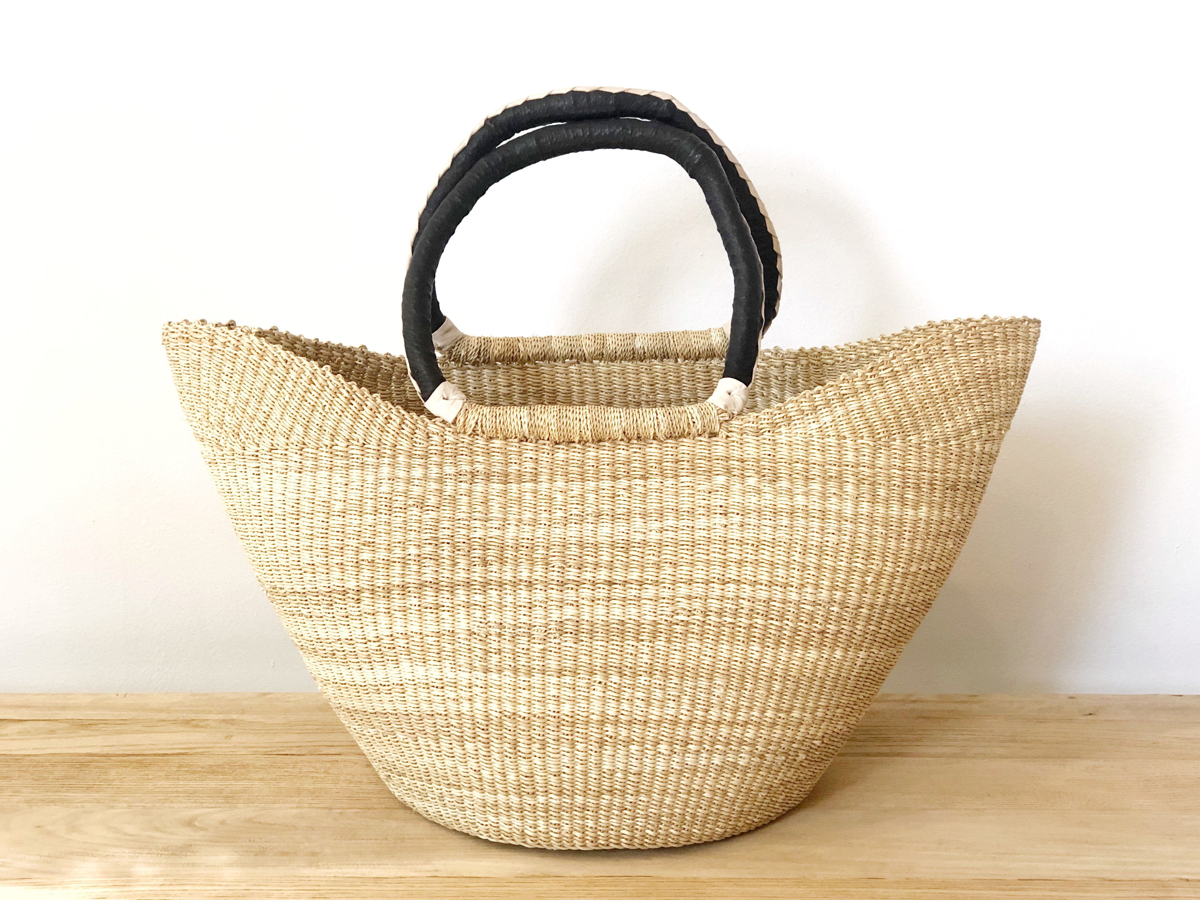Handwoven Basket Tote with Black and Cream Braid Leather Handles