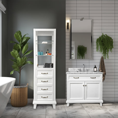 white linen cabinet and white vanity with Carrara marble vanity top in a scene together