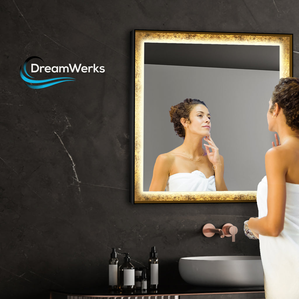 Woman is looking her face in the LED mirror after her shower. Dreamwerks logo on the top left is present.