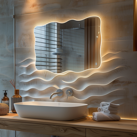 Bathroom irregular LED mirror on the wall in a bright modern bathroom.