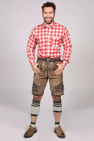 man wearing Red Hot Lederhosen Checkered Shirt