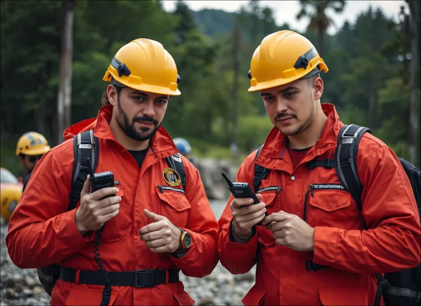 Emergency responder using walkie talkie during a rescue mission
