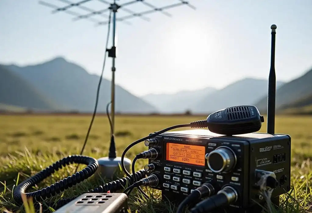 Ham radio setup with antenna in a rural setting