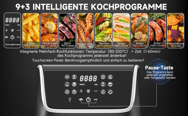 Heißluftfritteuse XXL 5.5L Sicherheitsschutz Airfryer mit Sichtfenster, 1800W, 12 Programmen LED-Touchscreen BPA-frei