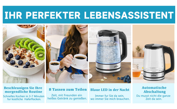 Wasserkocher Glas Edelstahl 1,8L Glaswasserkocher LED 1500W Teekocher BPA frei