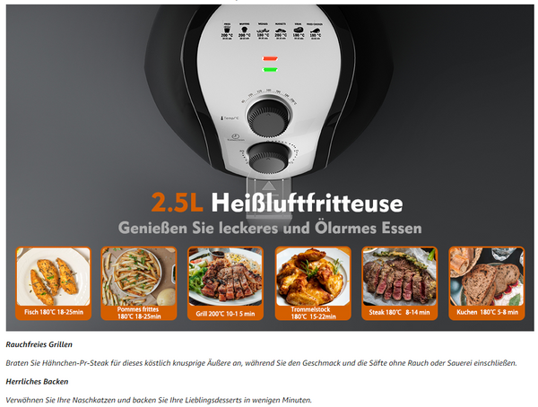 Heißluft Fritteuse Power 1500W 2.5L Airfryer Fritteuse Ohne Öl Thermostat Timer