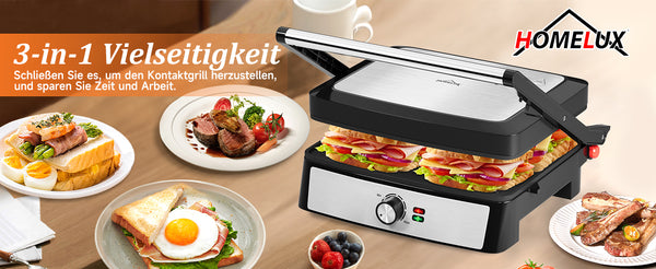 Kontaktgrill Sandwichmaker Panini Grill 2200W Toaster HOMELUX 34x23CM 3-in-1 Multifunktionsgrill für Paninis, Steaks, Sandwiches