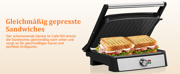 Kontaktgrill Sandwichmaker Panini Grill 2200W Toaster HOMELUX 34x23CM 3-in-1 Multifunktionsgrill für Paninis, Steaks, Sandwiches