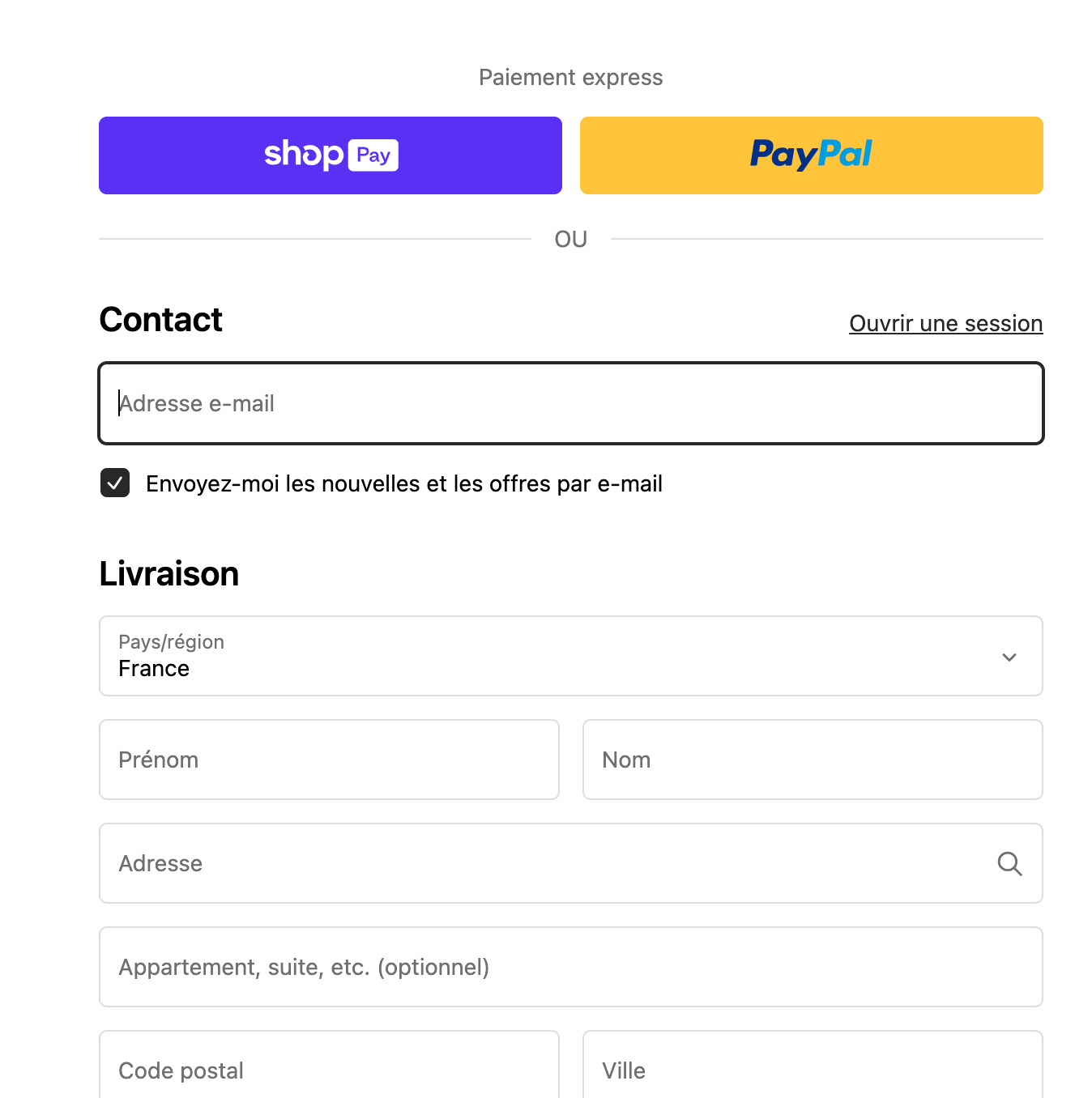 Page de la caisse Shopify Pay