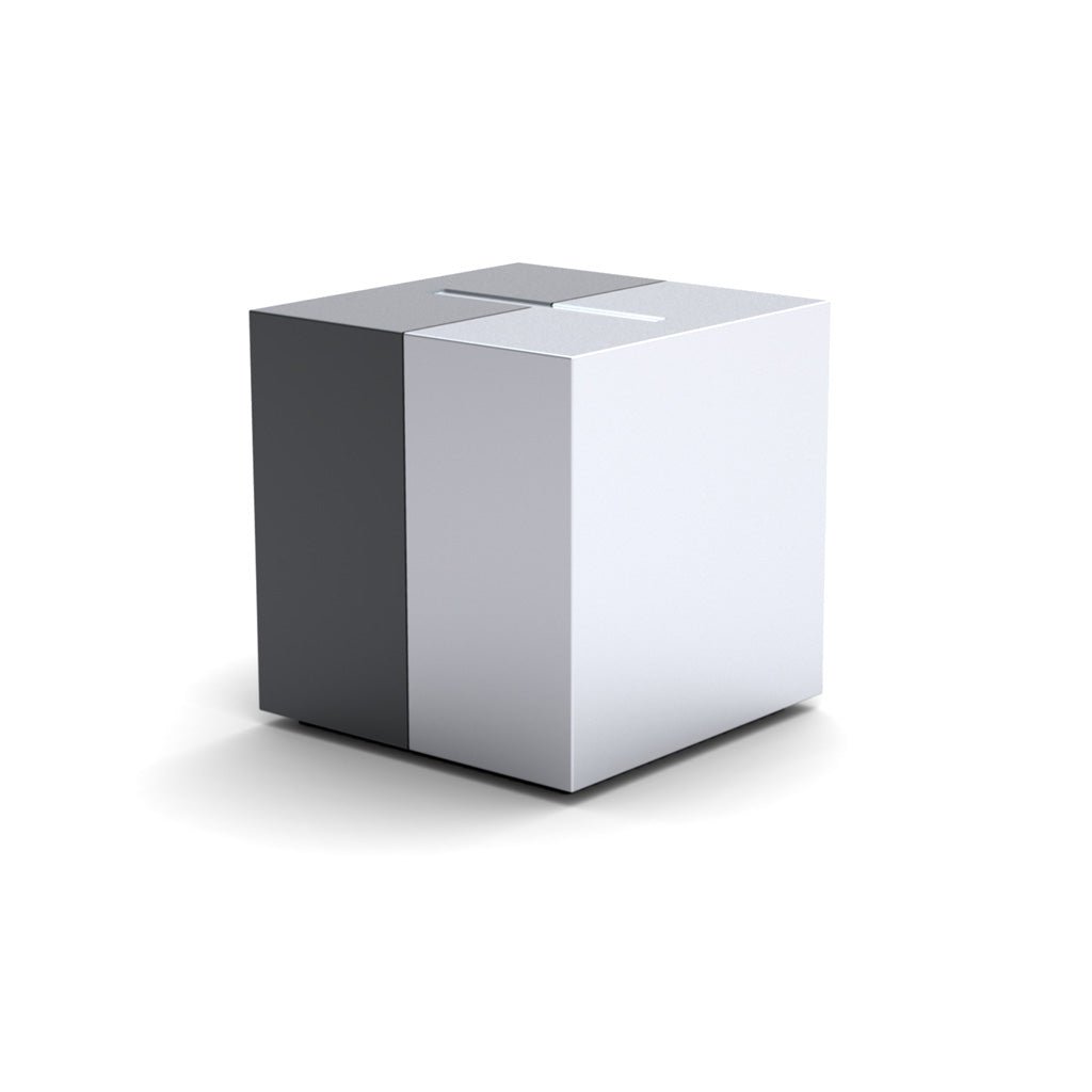 black and aluminum cube urn