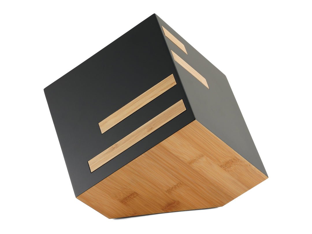black cube urn with wooden accents