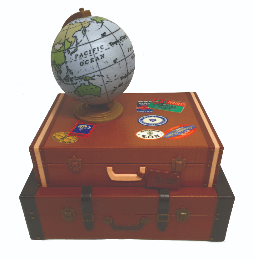 Custom urn by Foreverence of stacked suitcases for someone who loved to travel the world