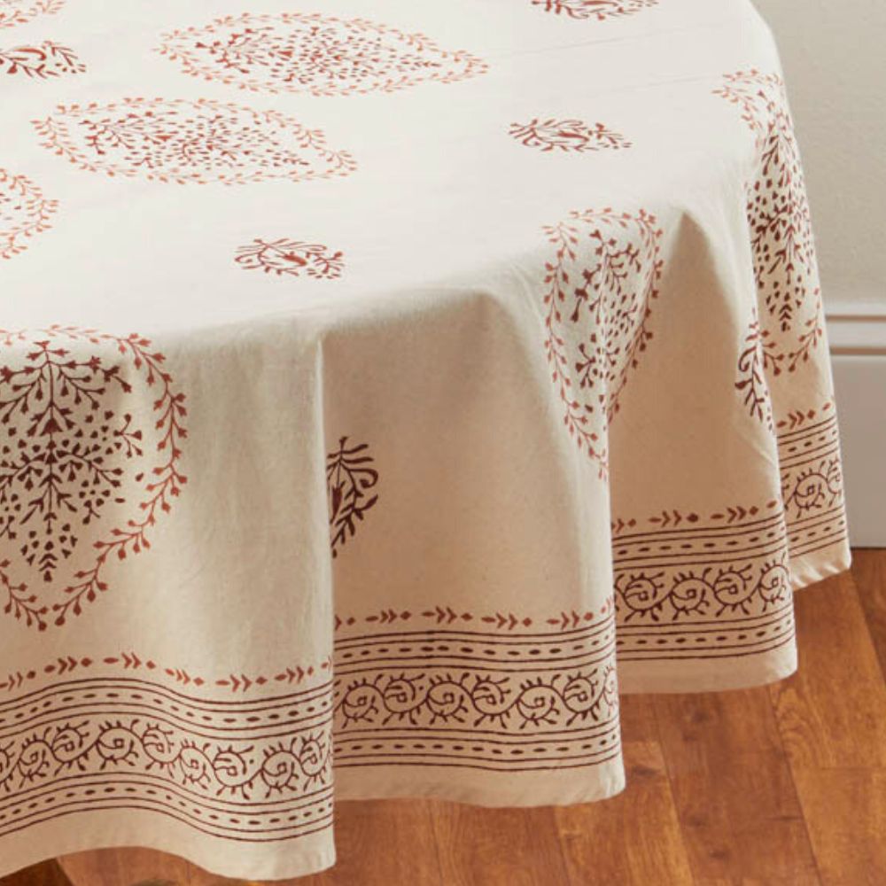 India Henna Block Print Natural Cotton 70" Round Tablecloth