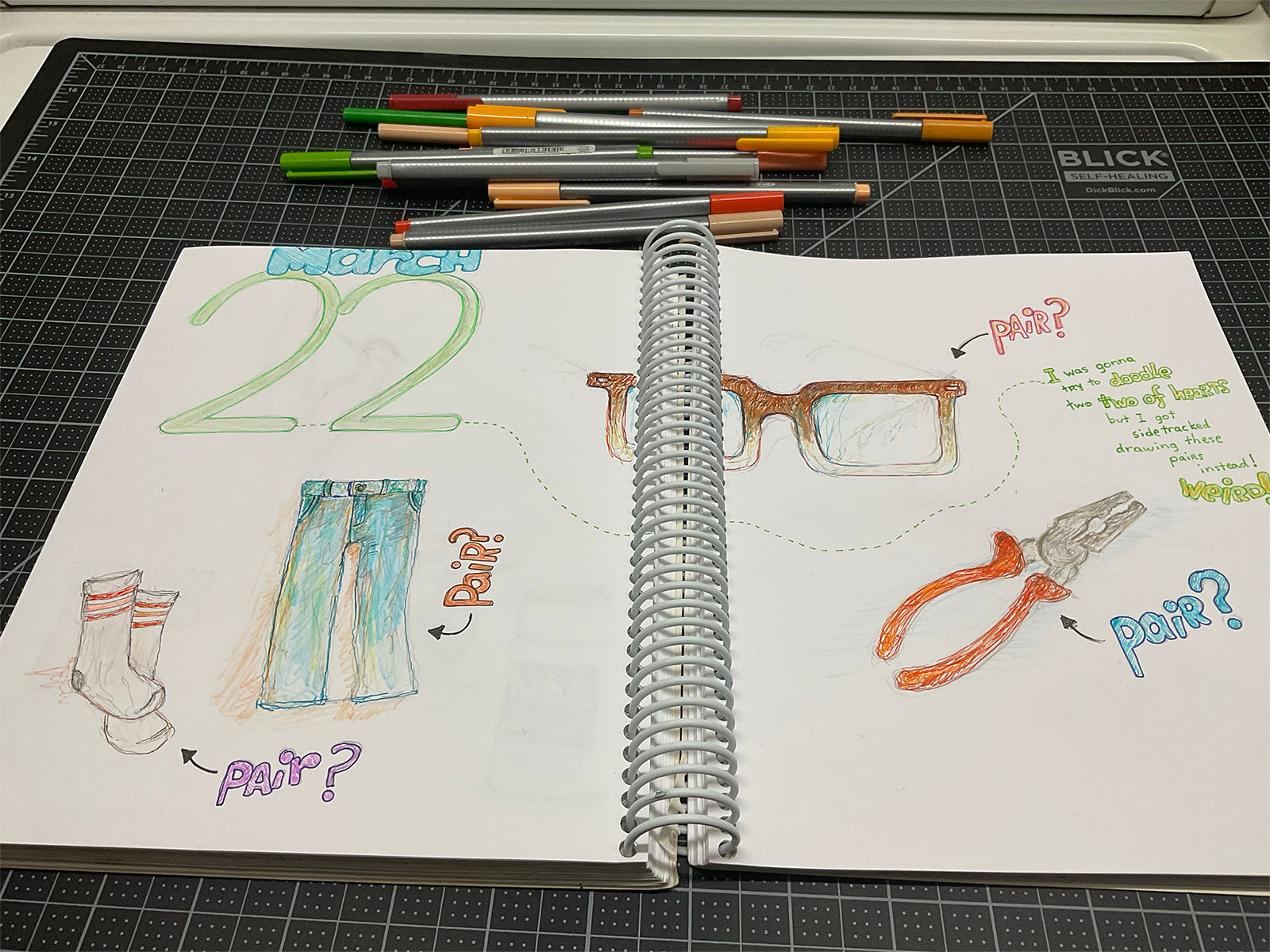 Daily doodle, doodling, blue jeans drawing, socks, drawing, pliers drawing, drawing eyeglasses