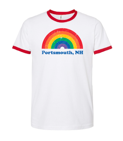 White T-shirt with red ringer with a rainbow and "Portsmouth, NH"