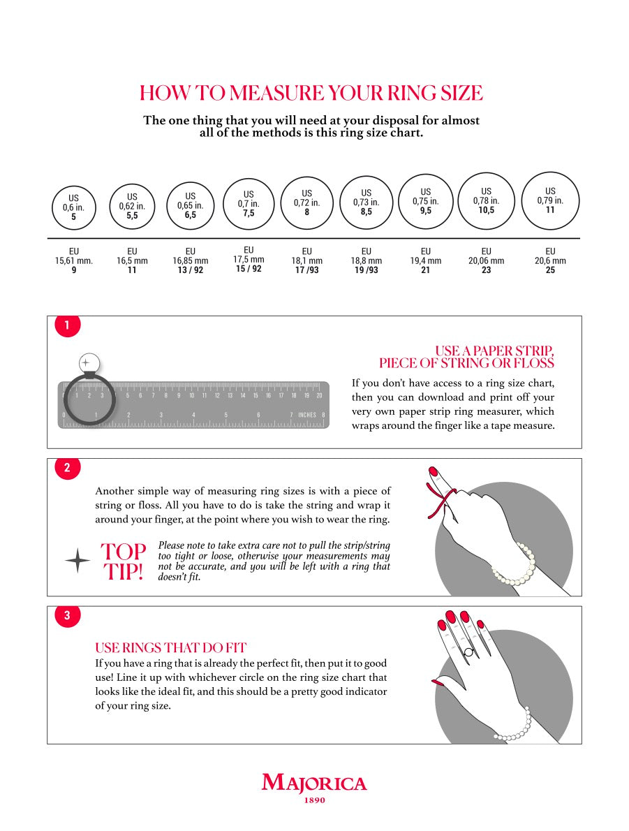 Majorica Ring Size instructions