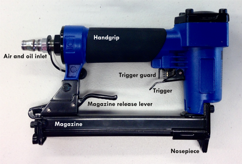 Diagram showing the parts of a pnuematic airgun stapler