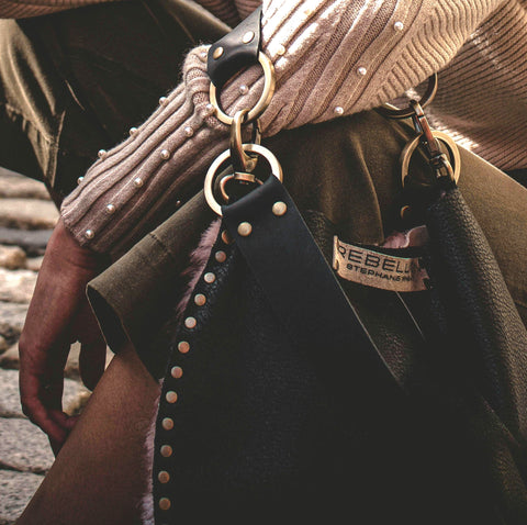 A leather bag with rivets