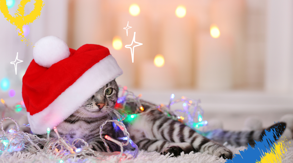 An image of a cat wearing a Santa hat, adding a touch of festive spirit and charm to the scene.